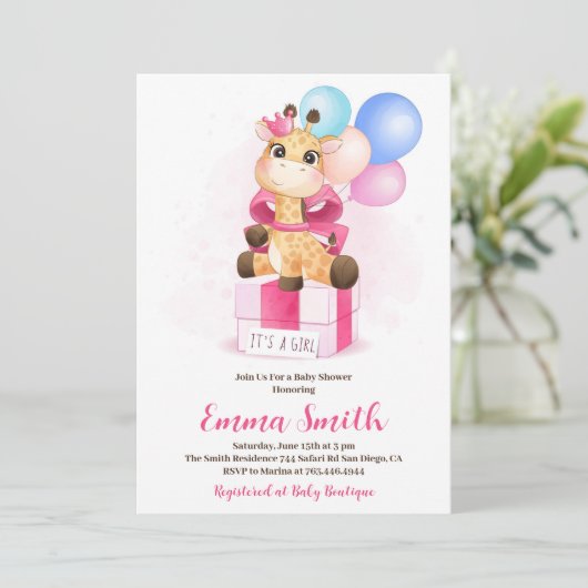 Het is een Girl Waterverf Giraffe Baby shower Kaart (Staand voorkant)