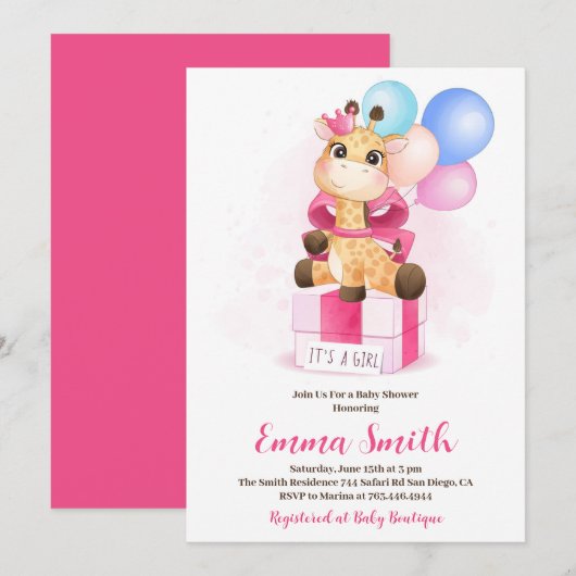Het is een Girl Waterverf Giraffe Baby shower Kaart (Voorkant / Achterkant)