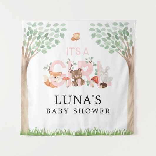 Het is een Girl Woodland Baby shower Backdrop Wandkleed (Voorkant)