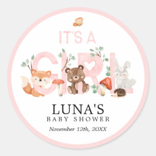 Het is een Girl Woodland Pink Baby shower Classic  Ronde Sticker