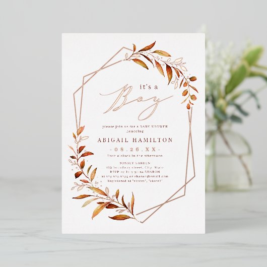 Het is een Herfst Greenery Geometric Baby shower Folie Uitnodiging (Staand Voorkant)
