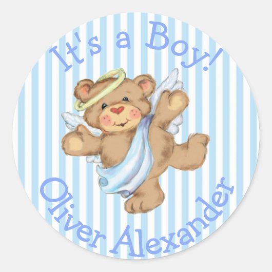 Het is een jongen Aangepaste teddybeer engel Ronde Sticker (Voorkant)