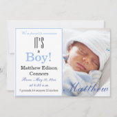 Het is een jongen! Aankondiging blauwe Baby geboor (Voorkant)
