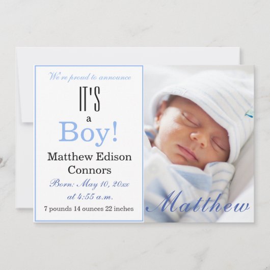 Het is een jongen! Aankondiging blauwe Baby geboor (Voorkant)