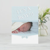 Het is een jongen! Aankondiging blauwe foto geboor (Staand voorkant)