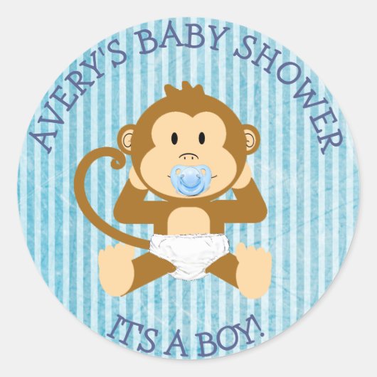 Het is een jongen, Aap Baby shower Blauwe stickers (Voorkant)