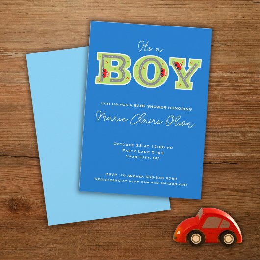 Het is een jongen, auto's baby shower uitnodiging