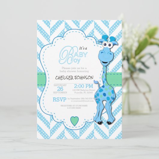 Het is een jongen - Baby Blue Giraffe - Baby showe Kaart (Staand voorkant)