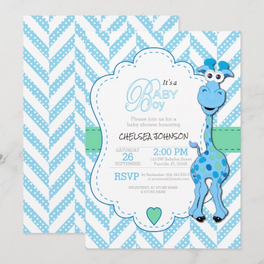 Het is een jongen - Baby Blue Giraffe - Baby showe Kaart (Voorkant / Achterkant)