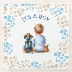 Het is een jongen   Baby en Teckel Puppy Baby show Glazen Onderzetter