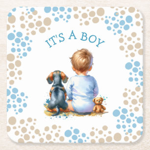 Het is een jongen   Baby en Teckel Puppy Baby show Kartonnen Onderzetters