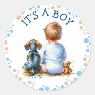 Het is een jongen   Baby en Teckel Puppy Baby show Ronde Sticker