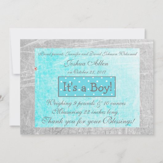 Het is een jongen, Baby is hier, geboortekaartjes Aankondiging (Achterkant)