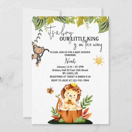 Het is een jongen baby jongen douche safari leeuw  kaart (Voorkant)