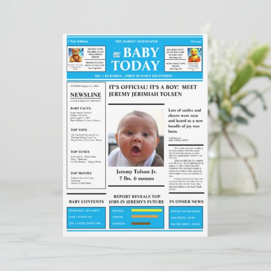 "Het is een jongen! BABY KRANT Baby Aankondiging (Staand voorkant)