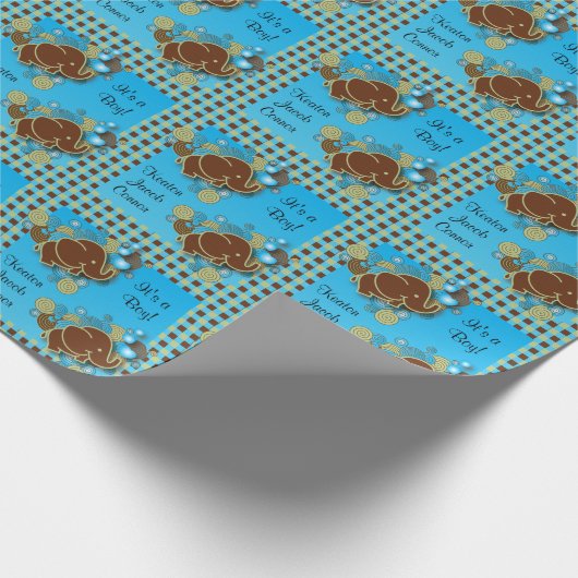 Het is een jongen | Baby olifant | Blauw en bruine Cadeaupapier (Hoek)