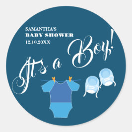 Het is een jongen! Baby shower Blauw Modern. Serve Ronde Sticker