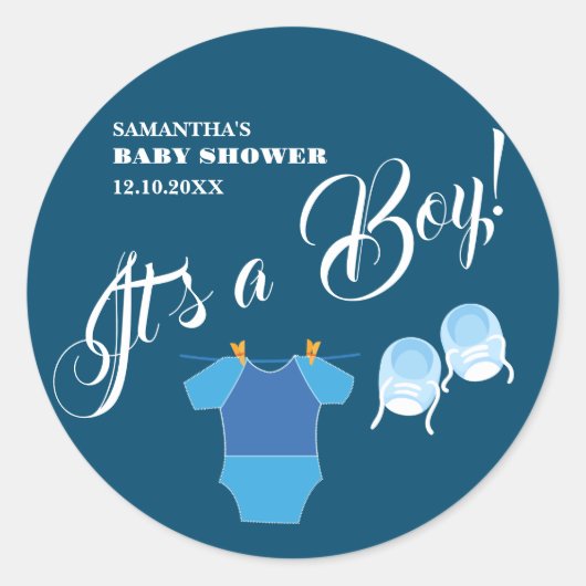 Het is een jongen! Baby shower Blauw Modern. Serve Ronde Sticker (Voorkant)