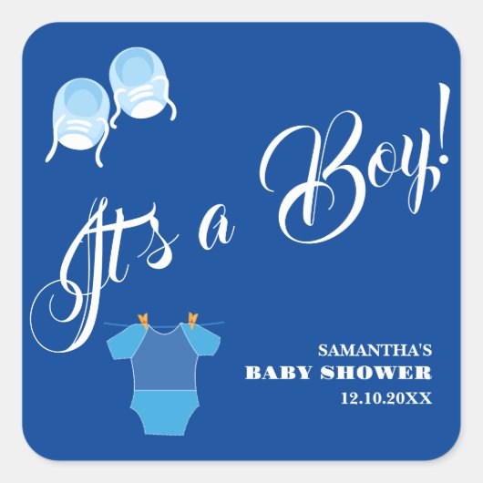 Het is een jongen! Baby shower Blauw Modern. Serve Vierkante Sticker (Voorkant)