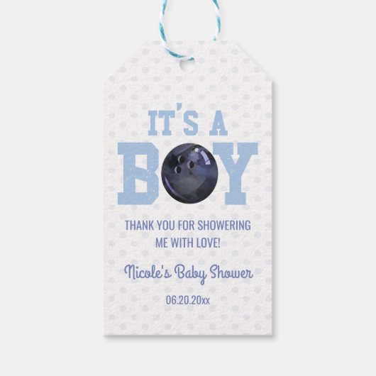 Het is een jongen! Baby shower Blauwe Bowling Ball Cadeaulabel (Achterkant)