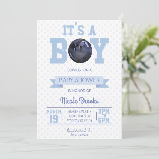 Het is een jongen! Baby shower Blauwe Bowling Ball Kaart (Staand voorkant)