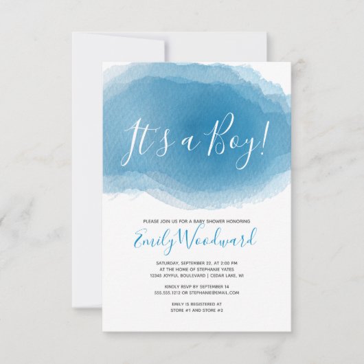 Het is een jongen! Baby shower Blauwe Waterverf Ab Kaart (Voorkant)