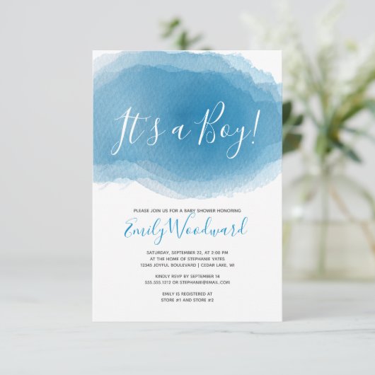 Het is een jongen! Baby shower Blauwe Waterverf Ab Kaart (Staand voorkant)