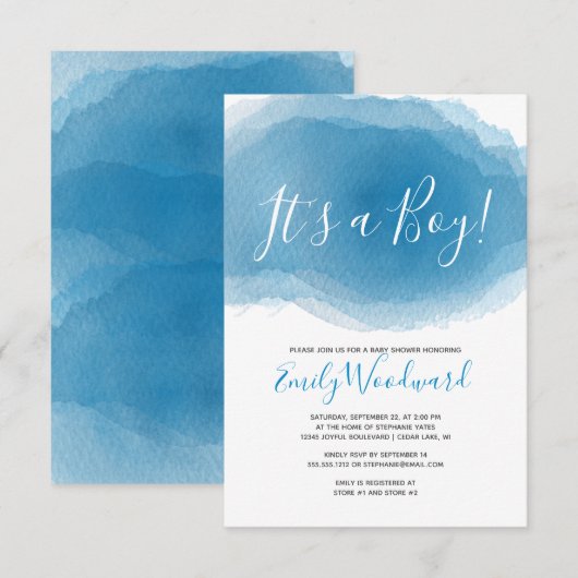 Het is een jongen! Baby shower Blauwe Waterverf Ab Kaart (Voorkant / Achterkant)