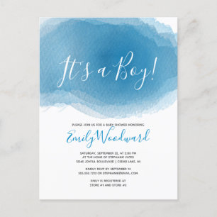 Het is een jongen! Baby shower Blauwe Waterverf Uitnodiging Briefkaart