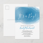 Het is een jongen! Baby shower Blauwe Waterverf Uitnodiging Briefkaart (Voorkant / Achterkant)