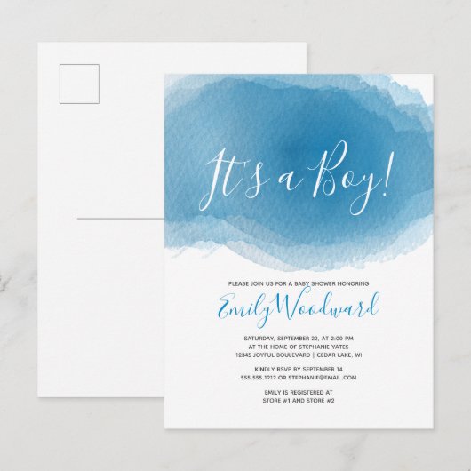 Het is een jongen! Baby shower Blauwe Waterverf Uitnodiging Briefkaart (Voorkant / Achterkant)