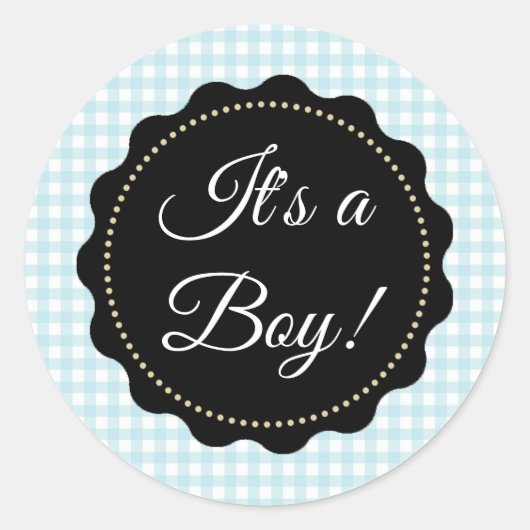 Het is een jongen! Baby shower Blue gingham Sticke Ronde Sticker (Voorkant)