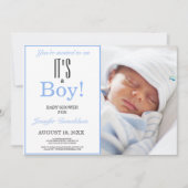 Het is een jongen | Baby shower Foto Blauwe Uitnod Kaart (Voorkant)