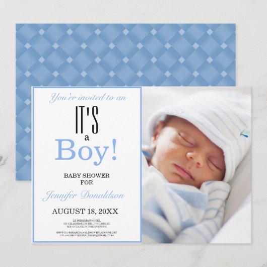 Het is een jongen | Baby shower Foto Blauwe Uitnod Kaart (Voorkant / Achterkant)