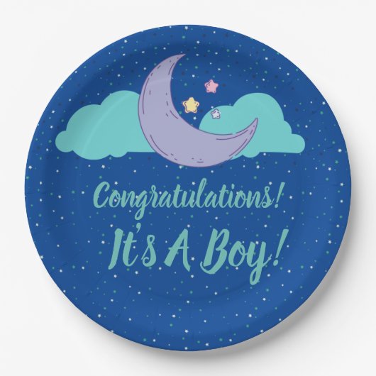 Het is een jongen! Baby shower Gefeliciteerd Borde Papieren Bordje (Voorkant)