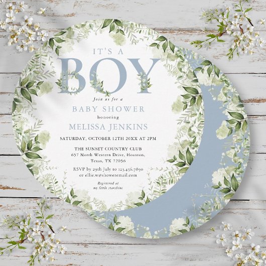 Het is een jongen baby shower met groene en stoffi kaart