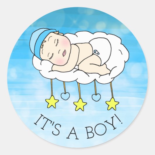 Het is een jongen, baby shower of geboorteaankondi ronde sticker (Voorkant)