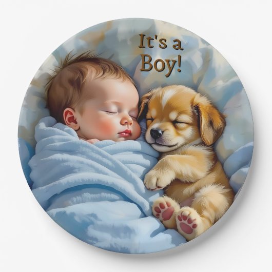 Het is een jongen | Baby Shower Papieren Bordje (Voorkant)