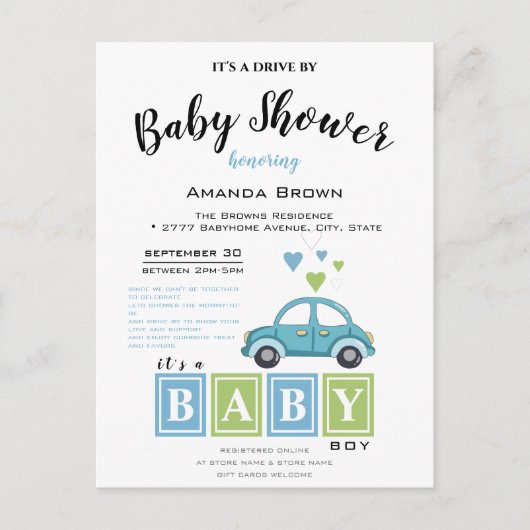 Het is een jongen, Baby shower rijden door Uitnodiging Briefkaart (Voorkant)