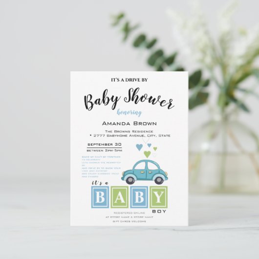 Het is een jongen, Baby shower rijden door Uitnodiging Briefkaart (Staand voorkant)
