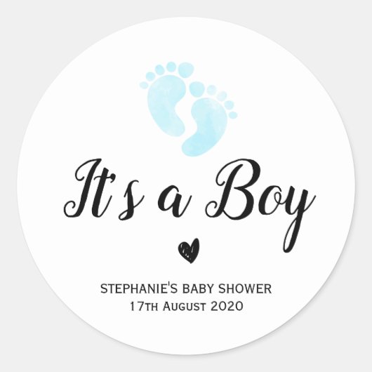Het is een jongen baby shower sticker (Voorkant)