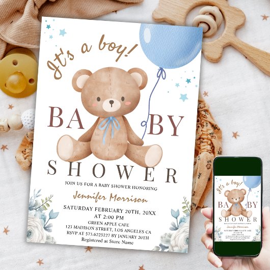 Het is een jongen | Baby shower teddybeer blauwe b Kaart