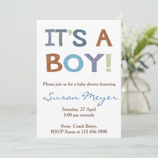 Het is een jongen! baby shower uitnodiging blauw (Staand voorkant)