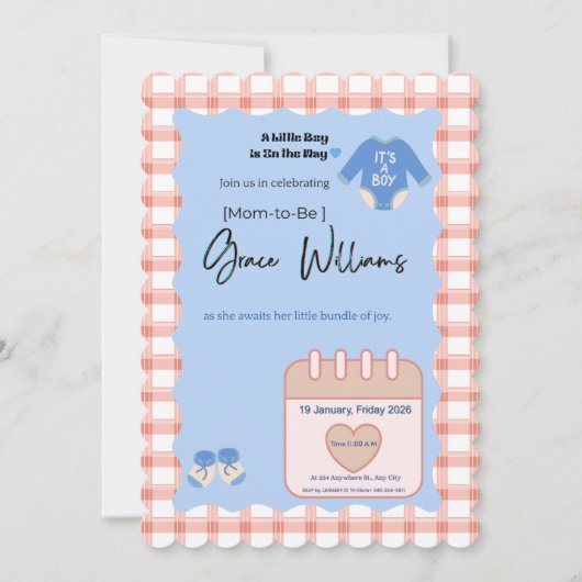 Het is een jongen baby shower uitnodiging | Gingha (Voorkant)