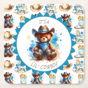 Het is een jongen   Baby shower van Cowboy Teddy B Kartonnen Onderzetters