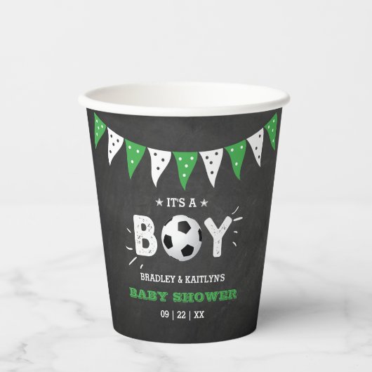 Het is een jongen! Baby shower van het Soccer ThME Papieren Bekers (Voorkant)