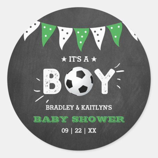 Het is een jongen! Baby shower van het Soccer ThME Ronde Sticker (Voorkant)