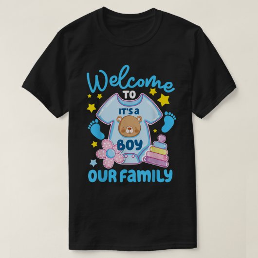Het is een jongen Baby shower Welkom bij onze fami T-shirt (Design voorkant)