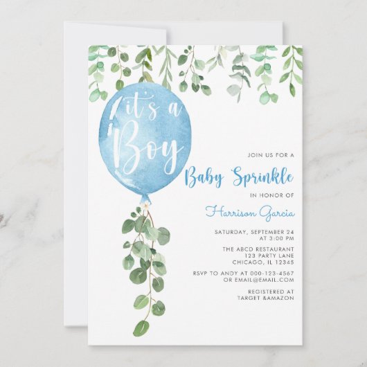 Het is een jongen baby sprinkle eucalyptusballon i kaart (Voorkant)