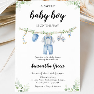 Het is een jongen babykleren baby shower kaart